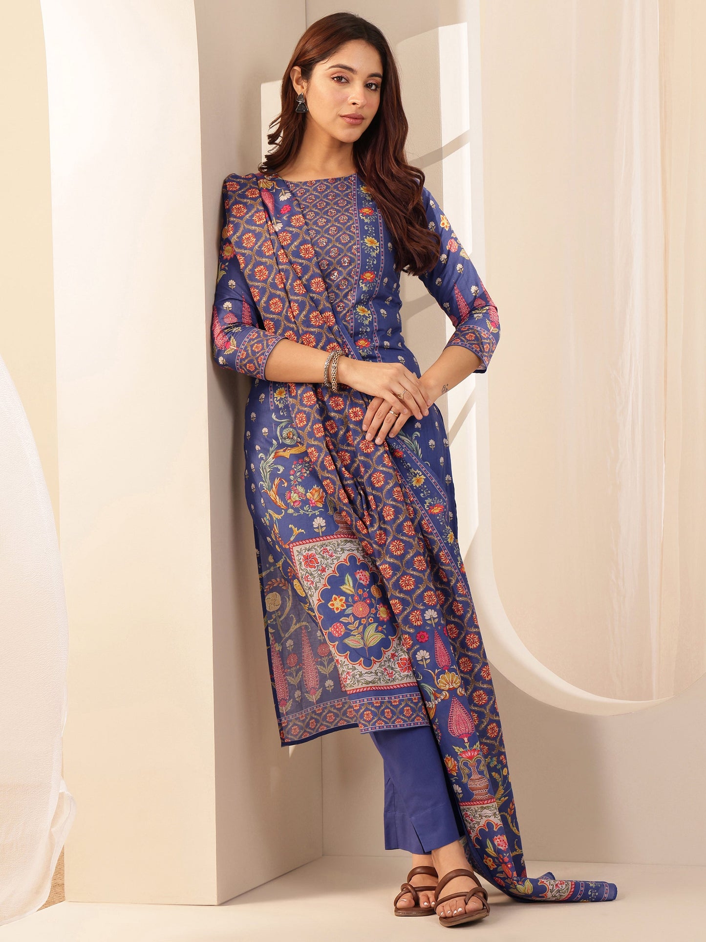 Blue Printed Cotton Straight Suit Sets With Dupatta