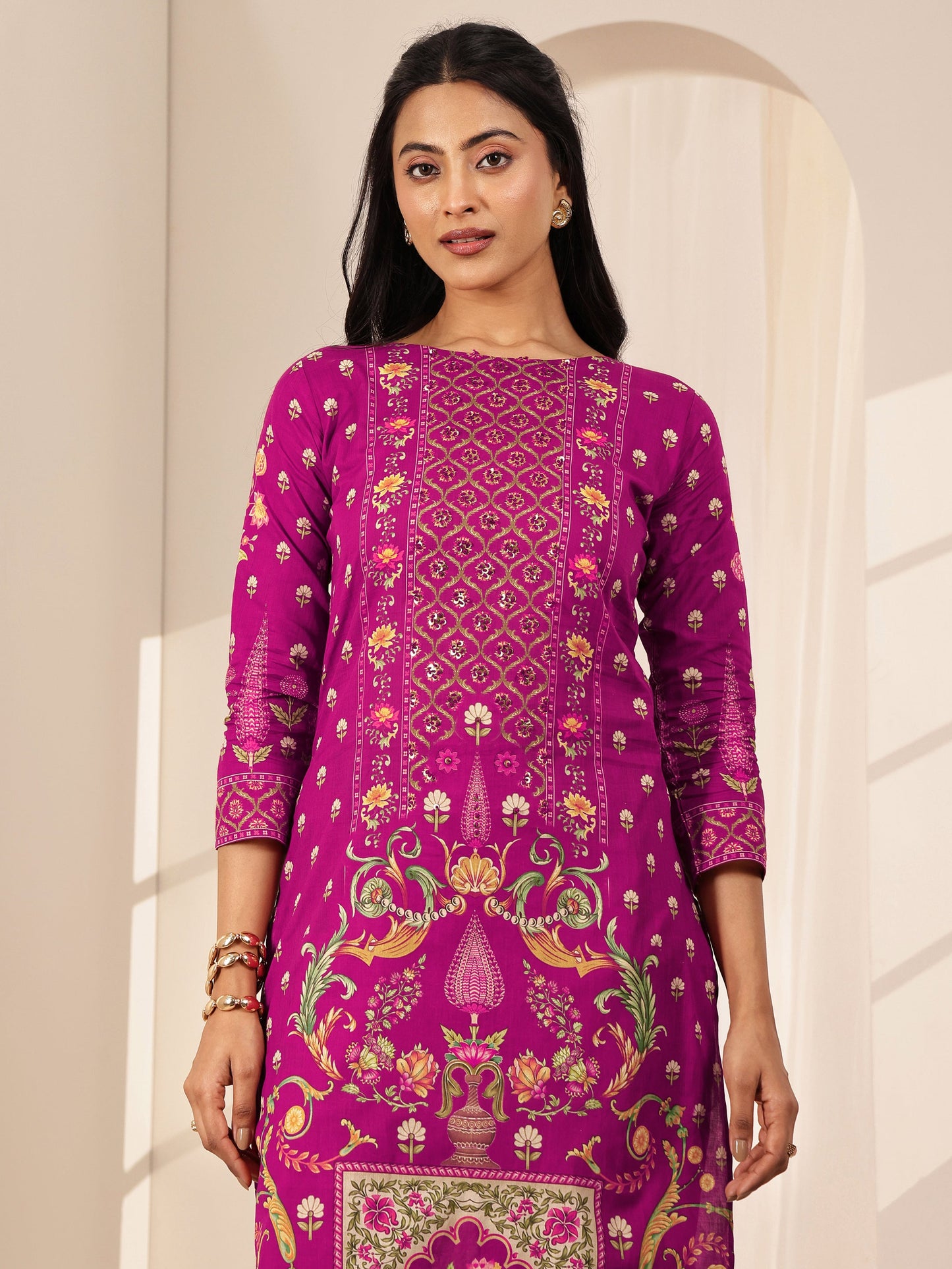 Pink Printed Cotton Straight Suit Sets With Dupatta