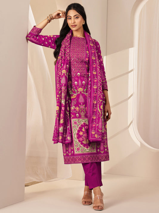 Pink Printed Cotton Straight Suit Sets With Dupatta