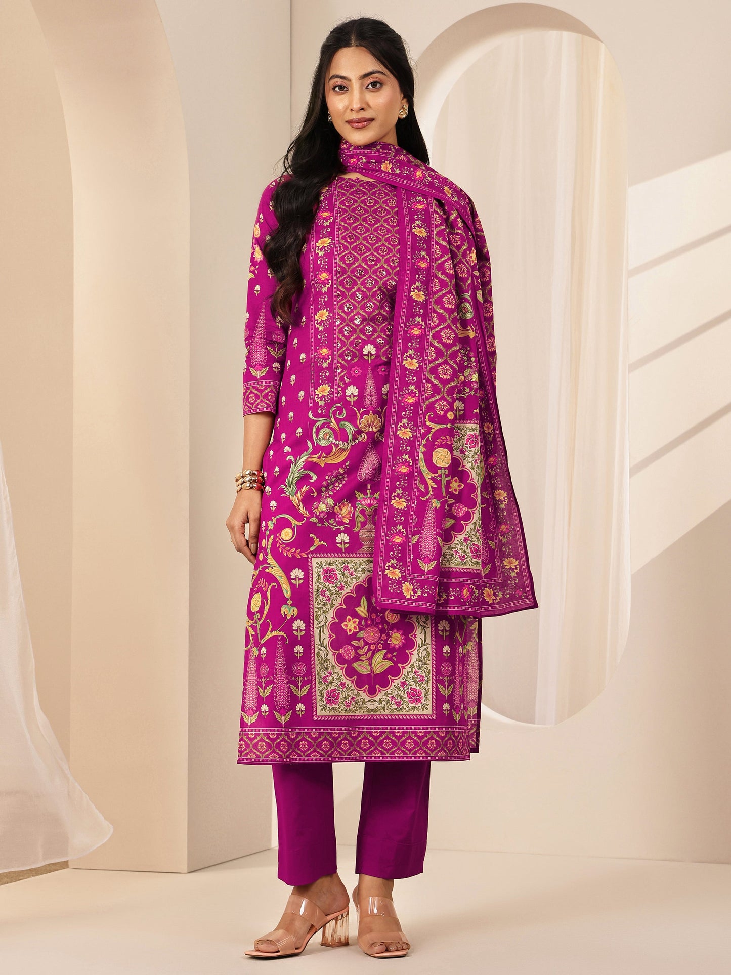 Pink Printed Cotton Straight Suit Sets With Dupatta