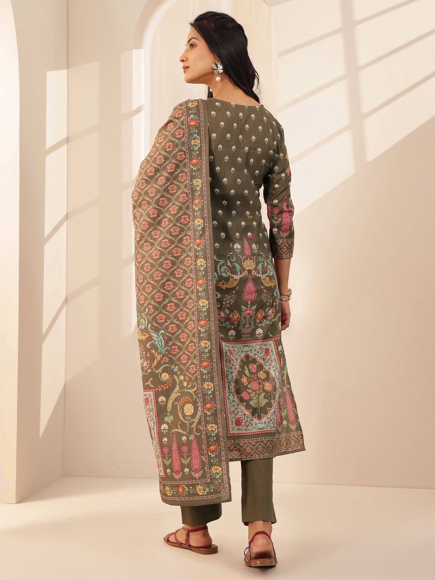 Brown Printed Cotton Straight Suit Sets With Dupatta