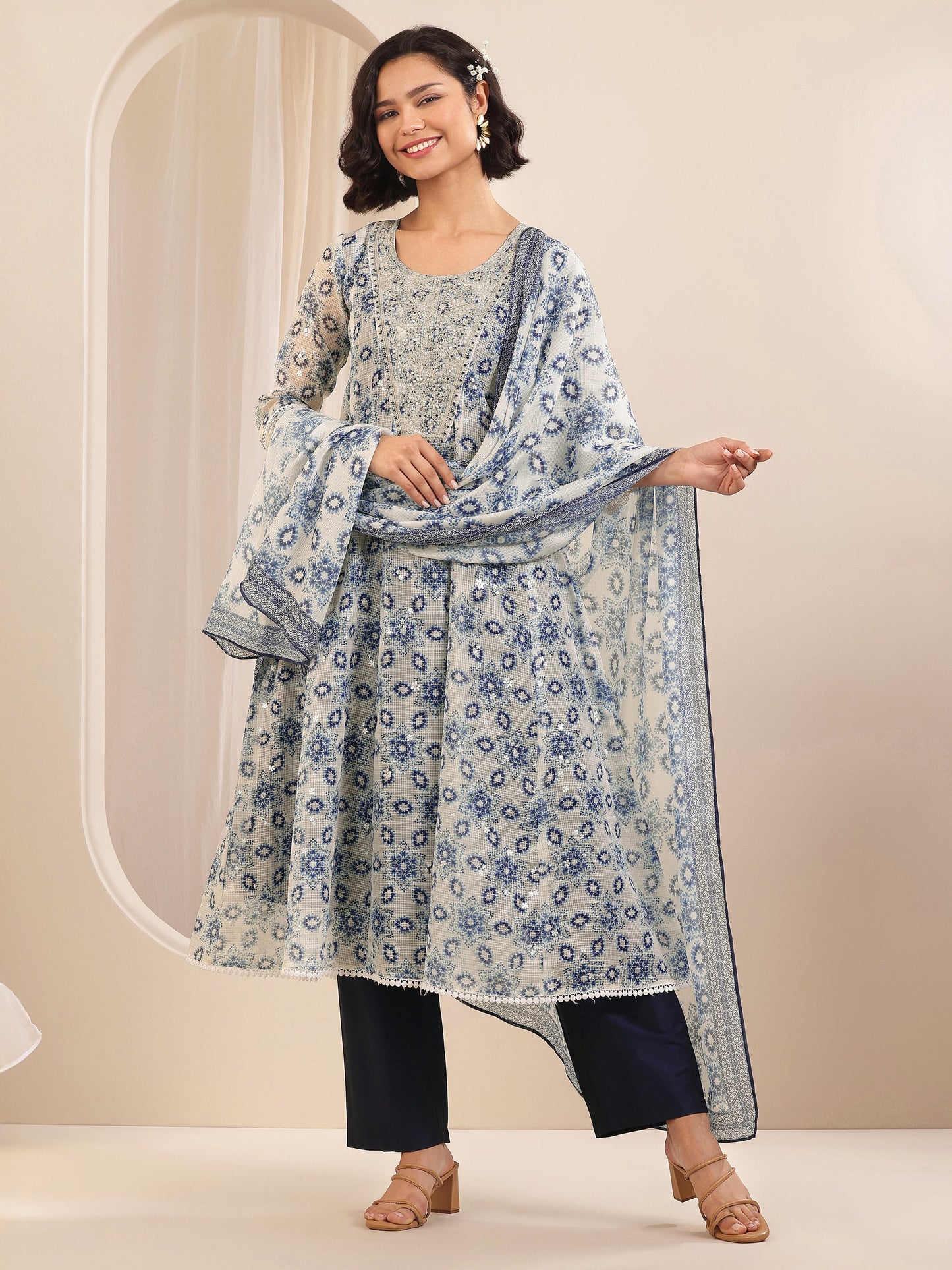 Indigo Printed Silk Blend A-line Suit Sets With Dupatta