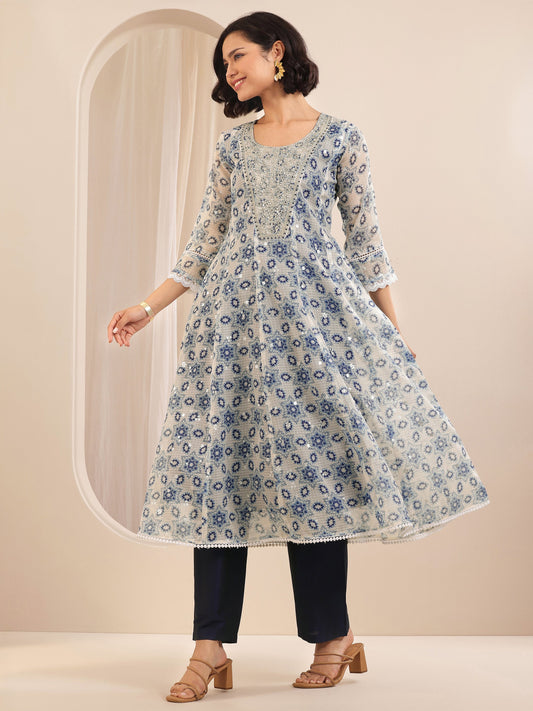 Indigo Printed Silk Blend A-line Suit Sets With Dupatta