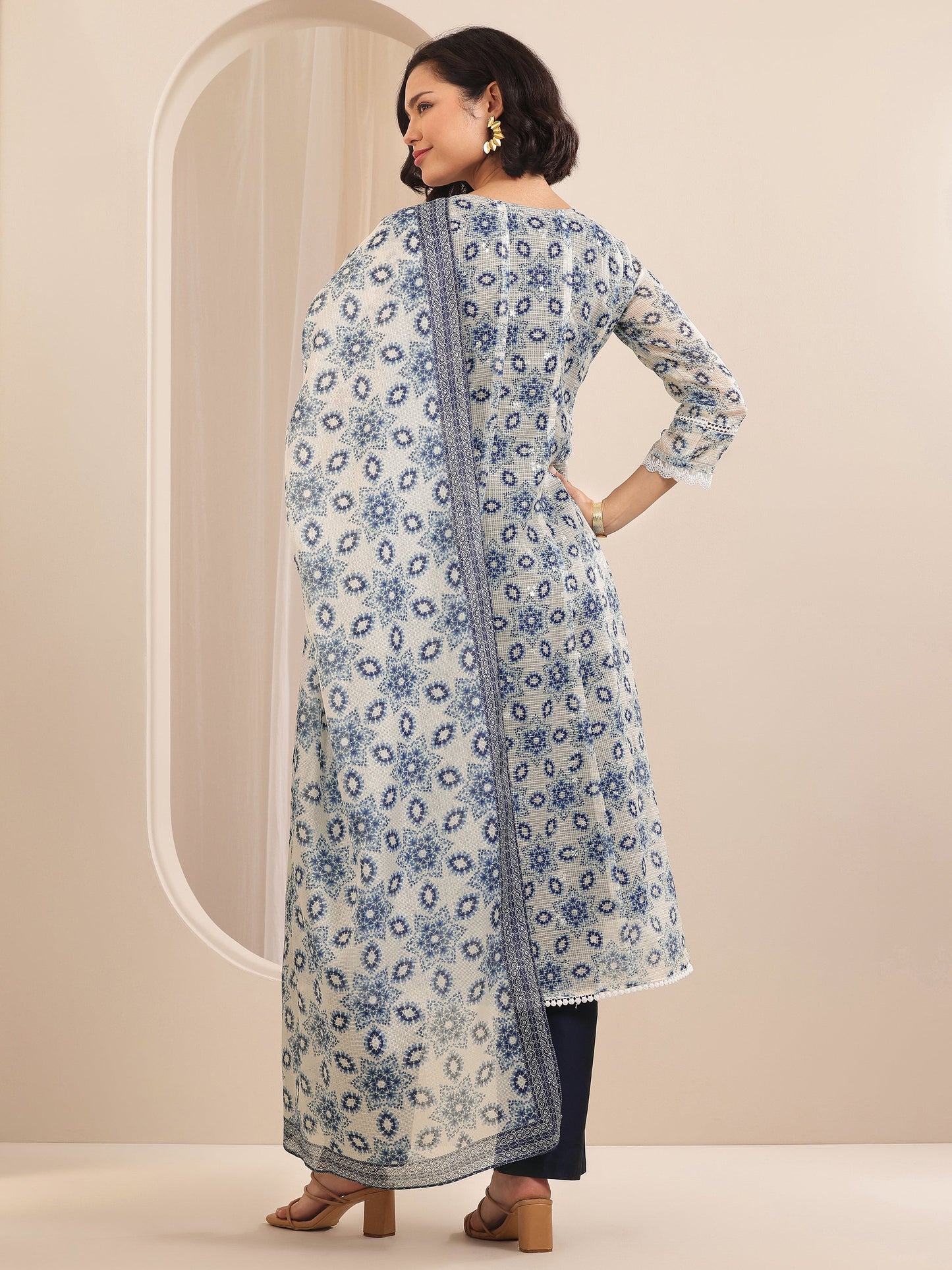Indigo Printed Silk Blend A-line Suit Sets With Dupatta