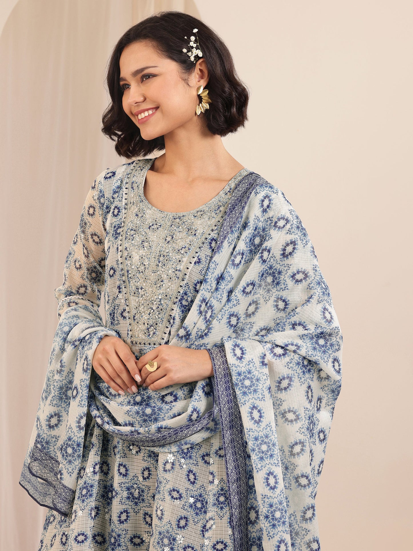 Indigo Printed Silk Blend A-line Suit Sets With Dupatta