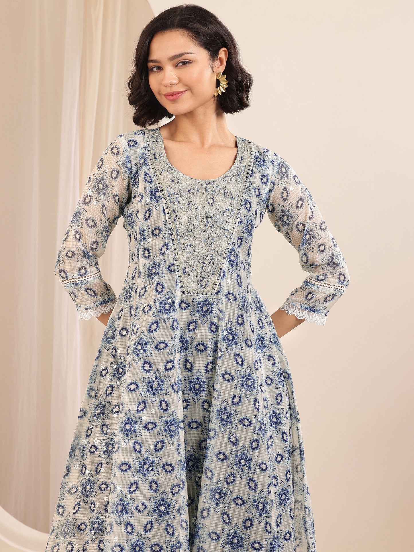 Indigo Printed Silk Blend A-line Suit Sets With Dupatta