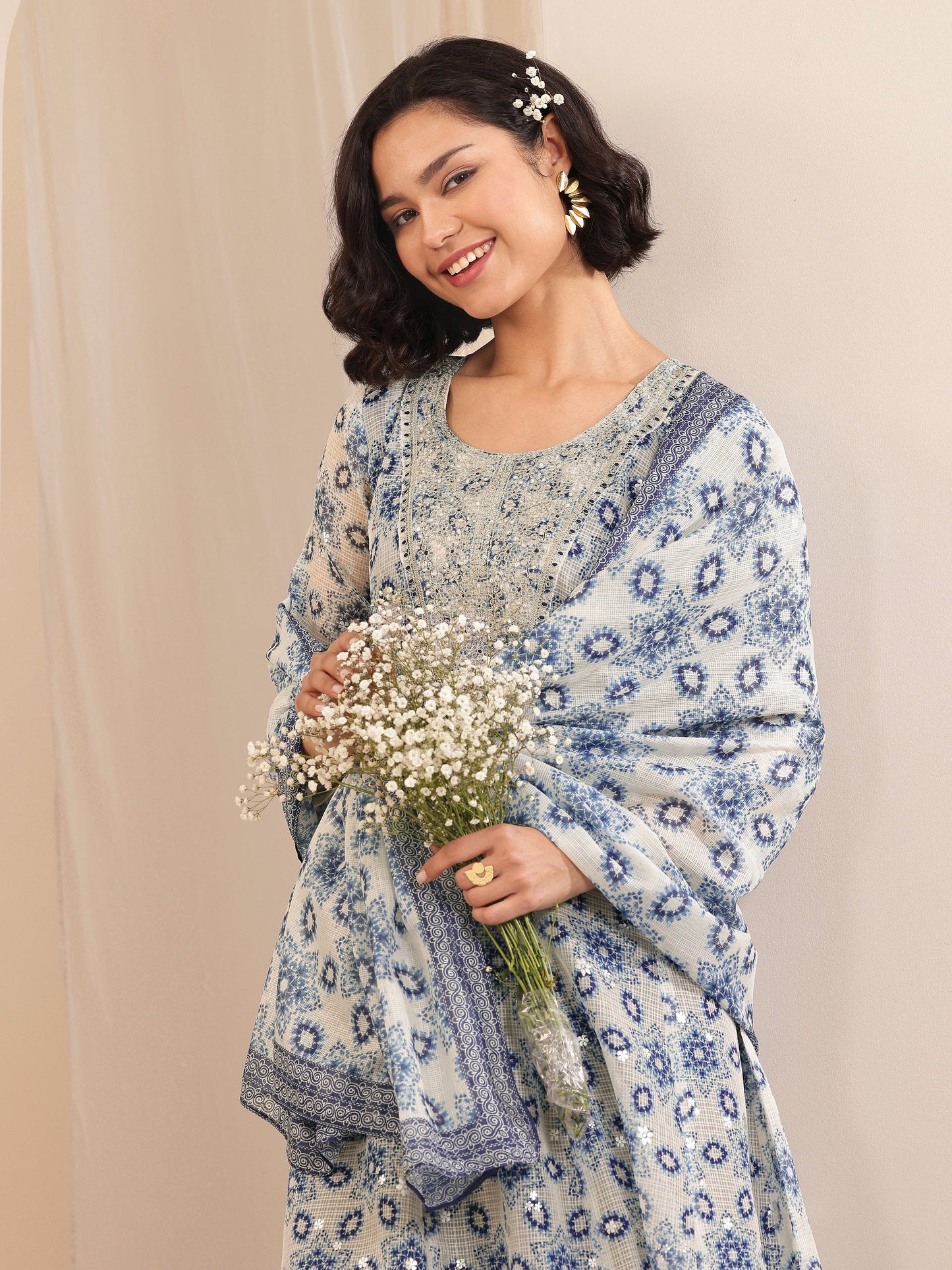 Indigo Printed Silk Blend A-line Suit Sets With Dupatta