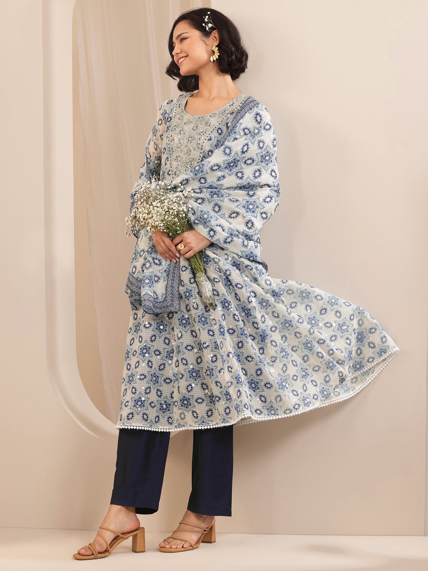 Indigo Printed Silk Blend A-line Suit Sets With Dupatta