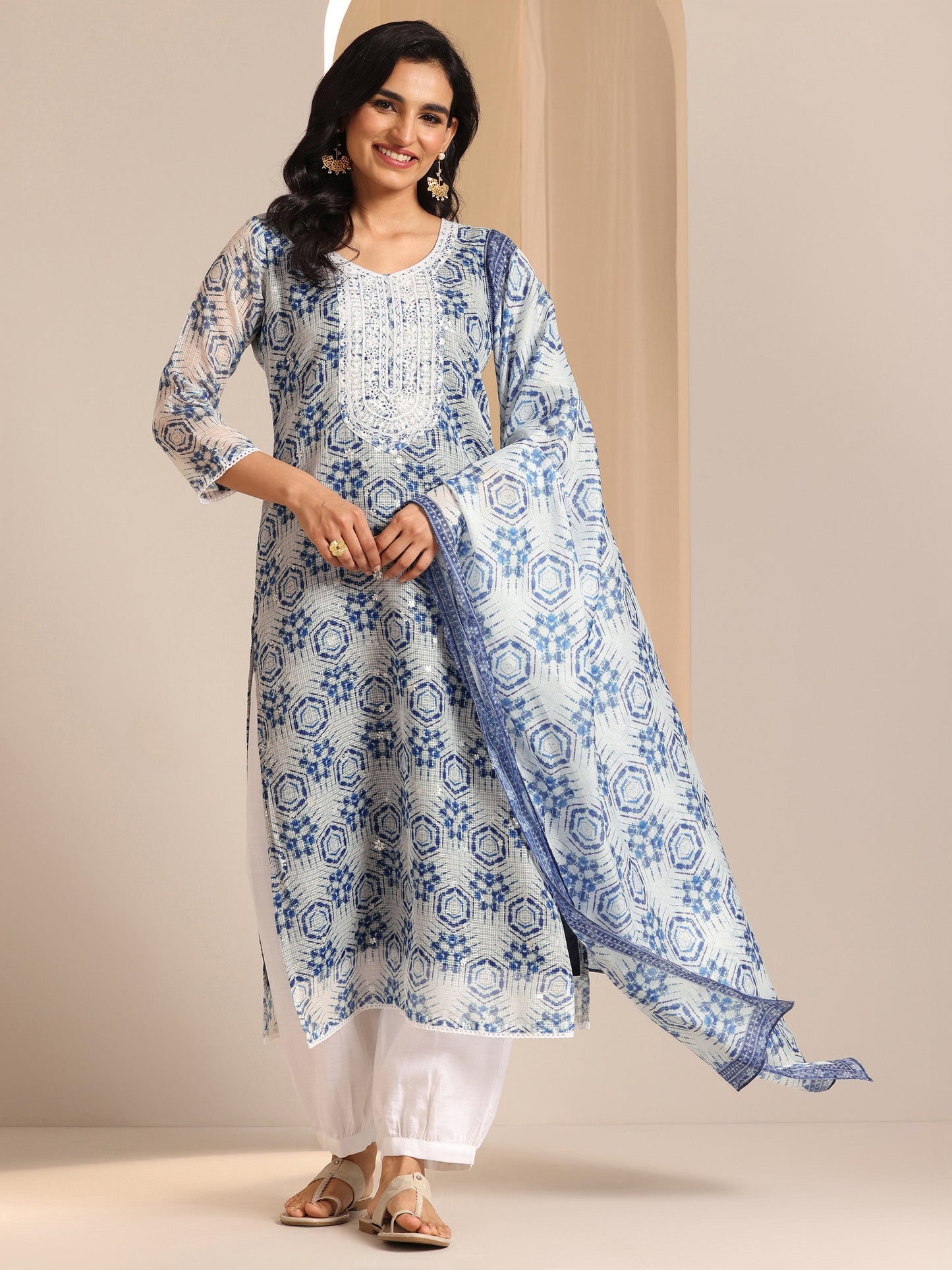 Indigo Printed Silk Blend Straight Suit Sets With Dupatta