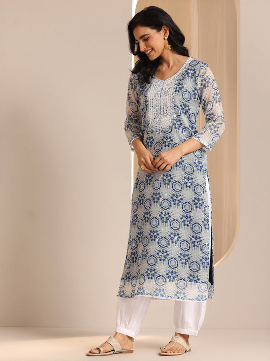 Indigo Printed Silk Blend Straight Suit Sets With Dupatta