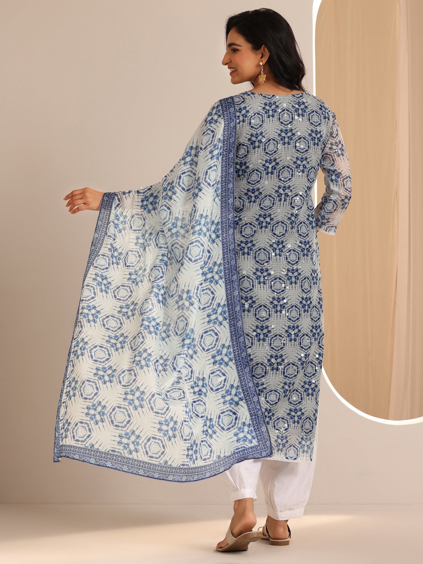 Indigo Printed Silk Blend Straight Suit Sets With Dupatta