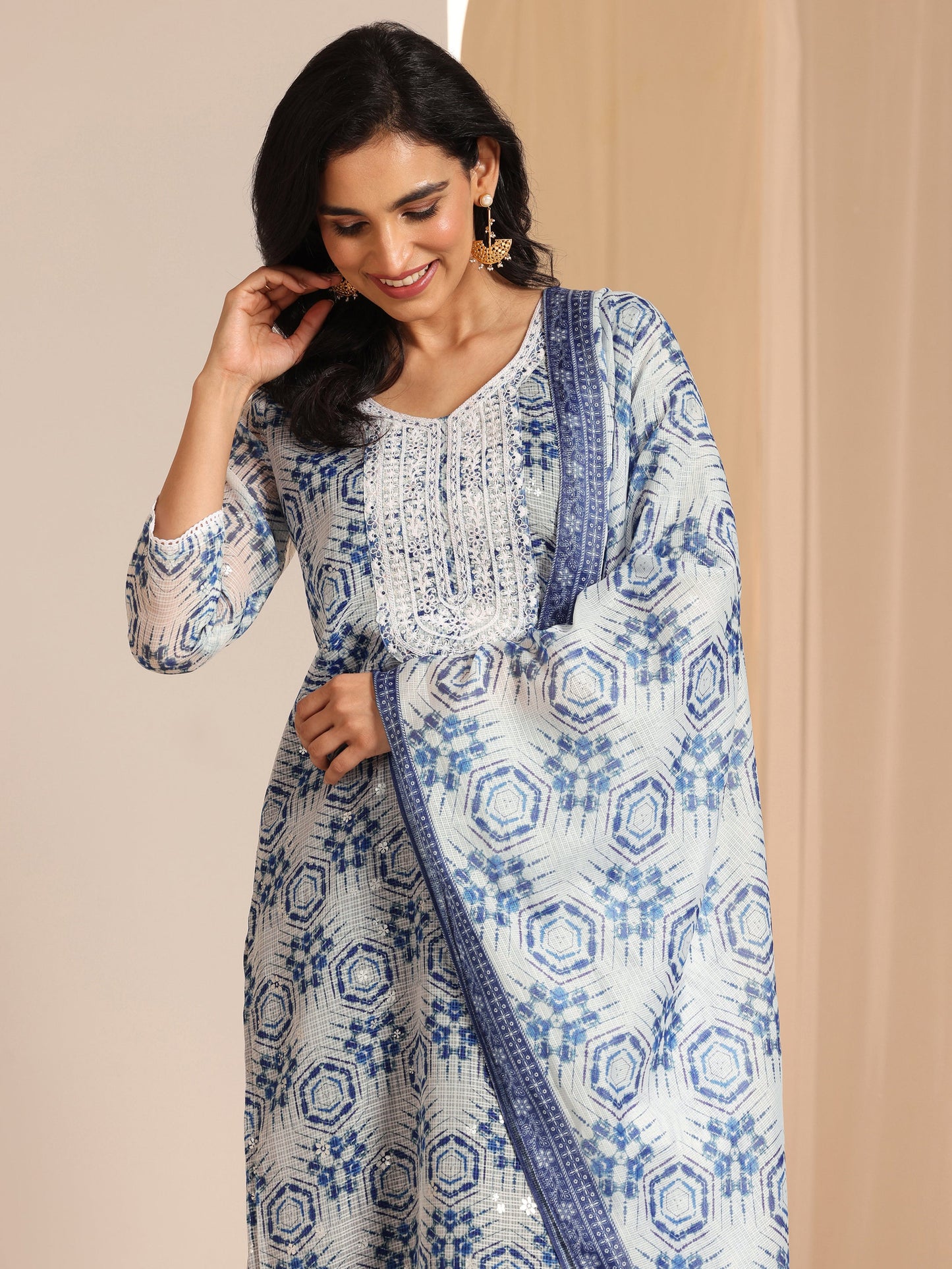 Indigo Printed Silk Blend Straight Suit Sets With Dupatta