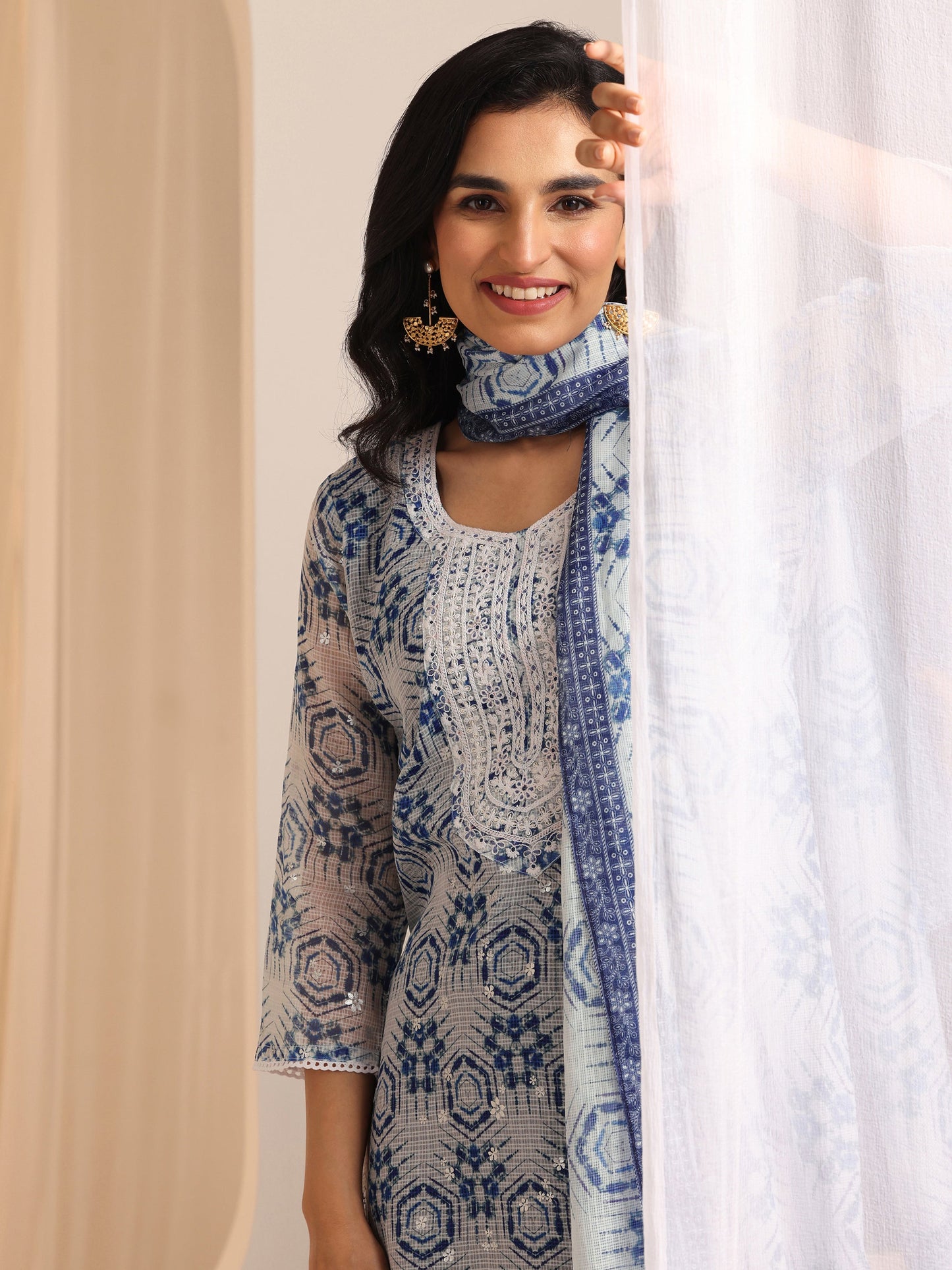 Indigo Printed Silk Blend Straight Suit Sets With Dupatta