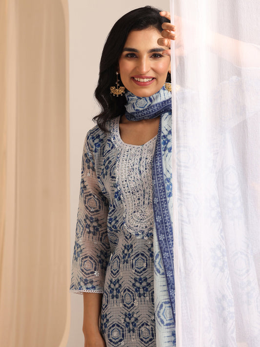 Indigo Printed Silk Blend Straight Suit Sets With Dupatta