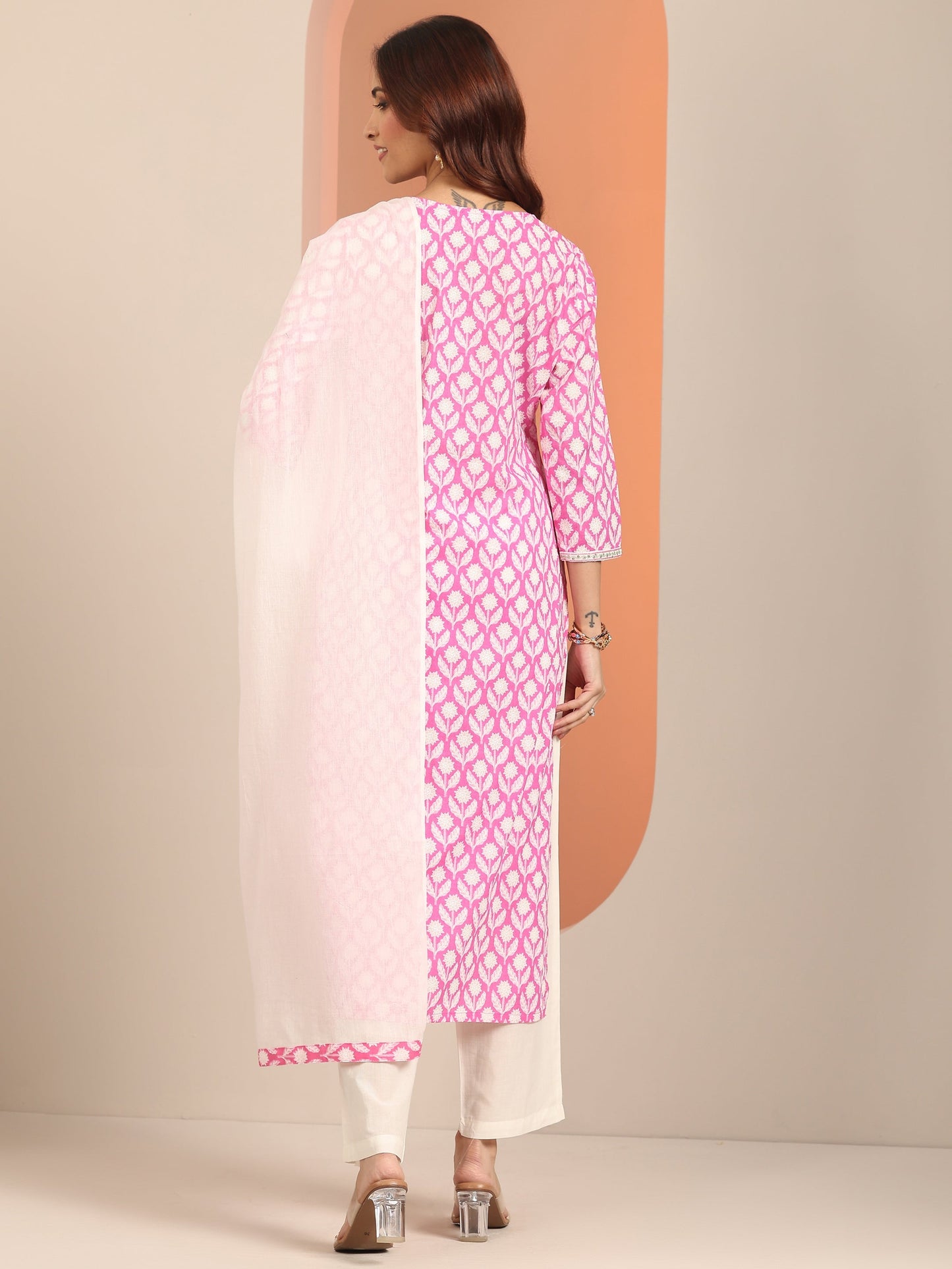 Pink Yoke Design Cotton Straight Suit Set With Dupatta