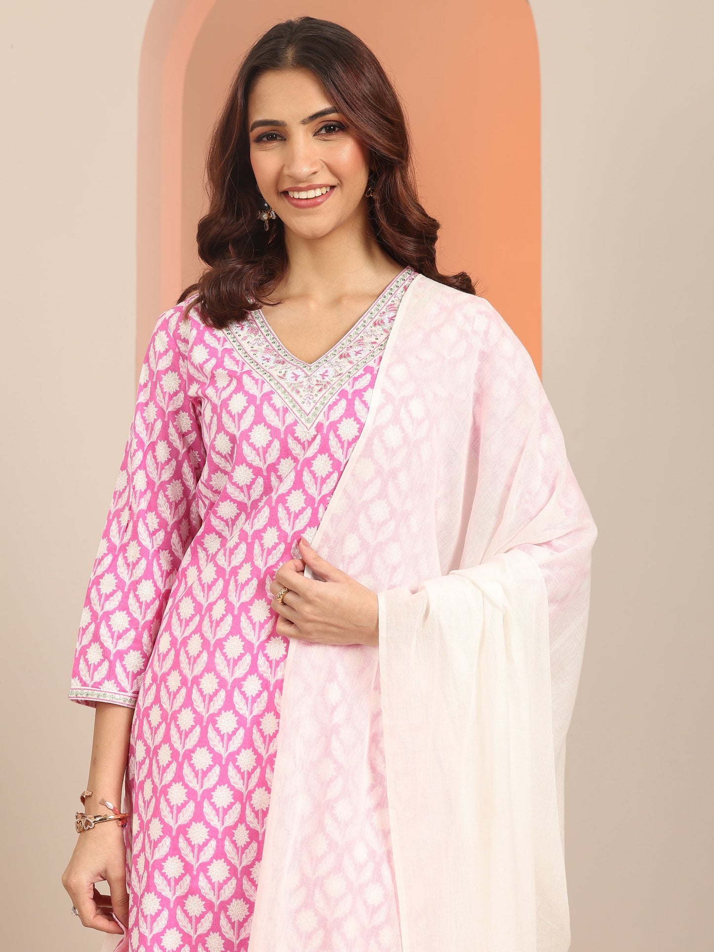 Pink Yoke Design Cotton Straight Suit Set With Dupatta
