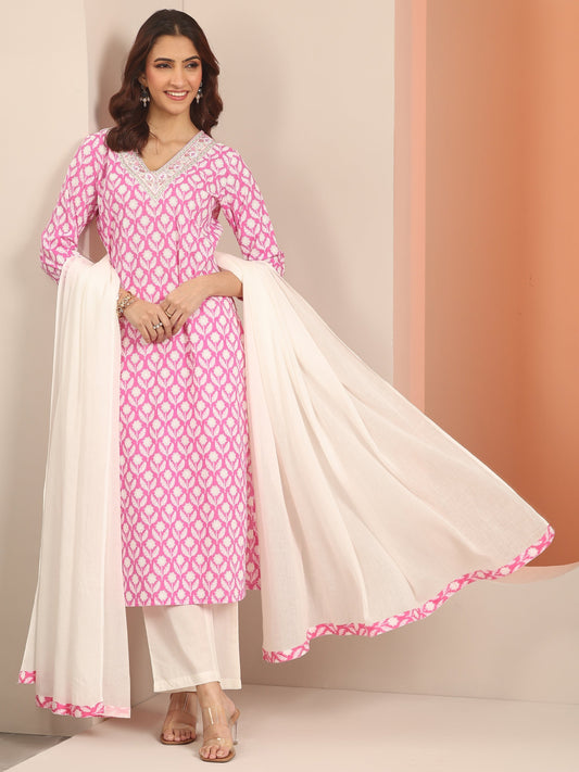 Pink Yoke Design Cotton Straight Suit Set With Dupatta