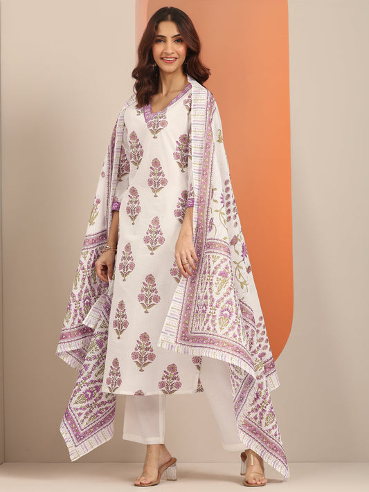 White Yoke Design Cotton Straight Suit Set With Dupatta