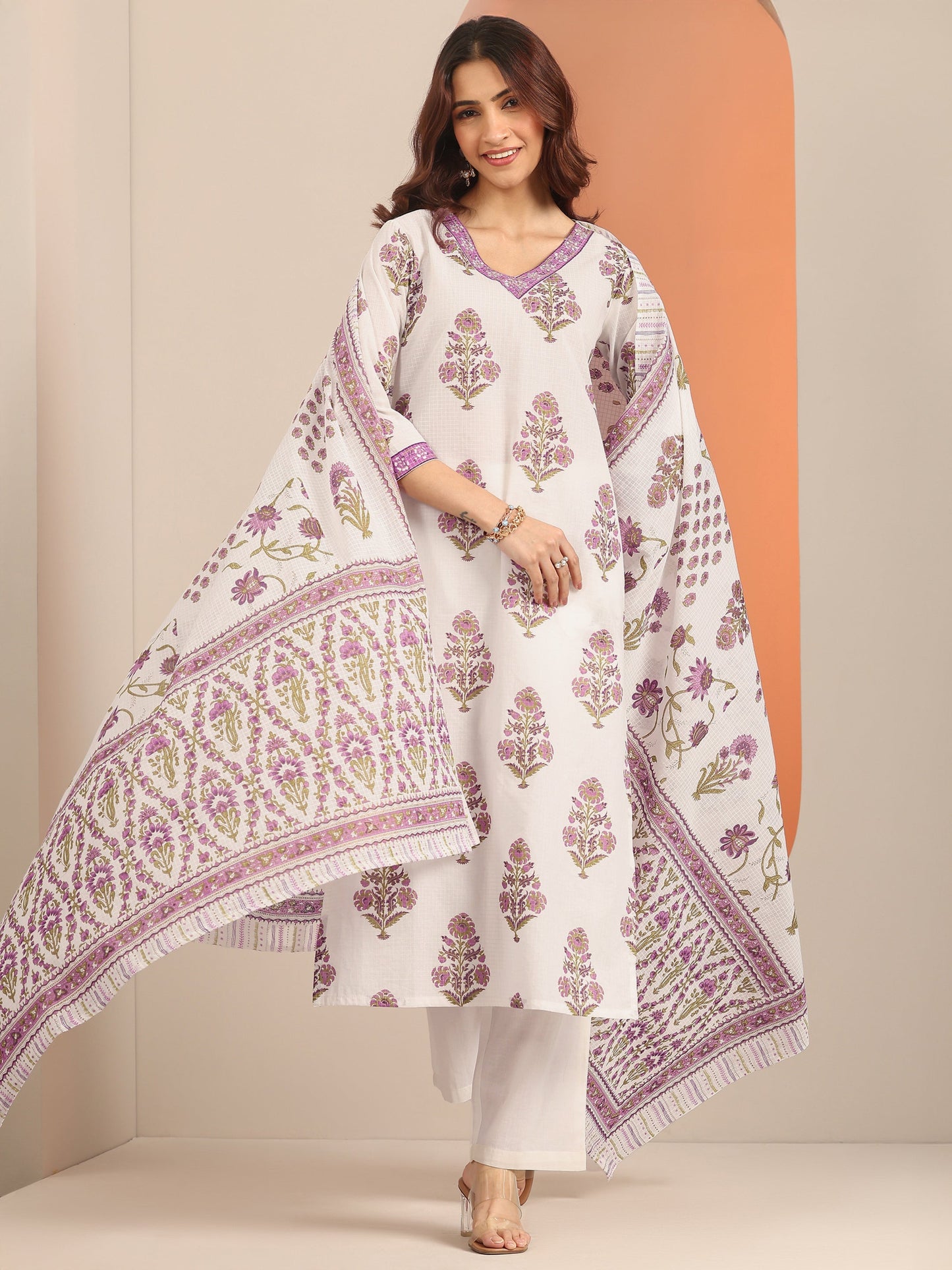 White Yoke Design Cotton Straight Suit Set With Dupatta