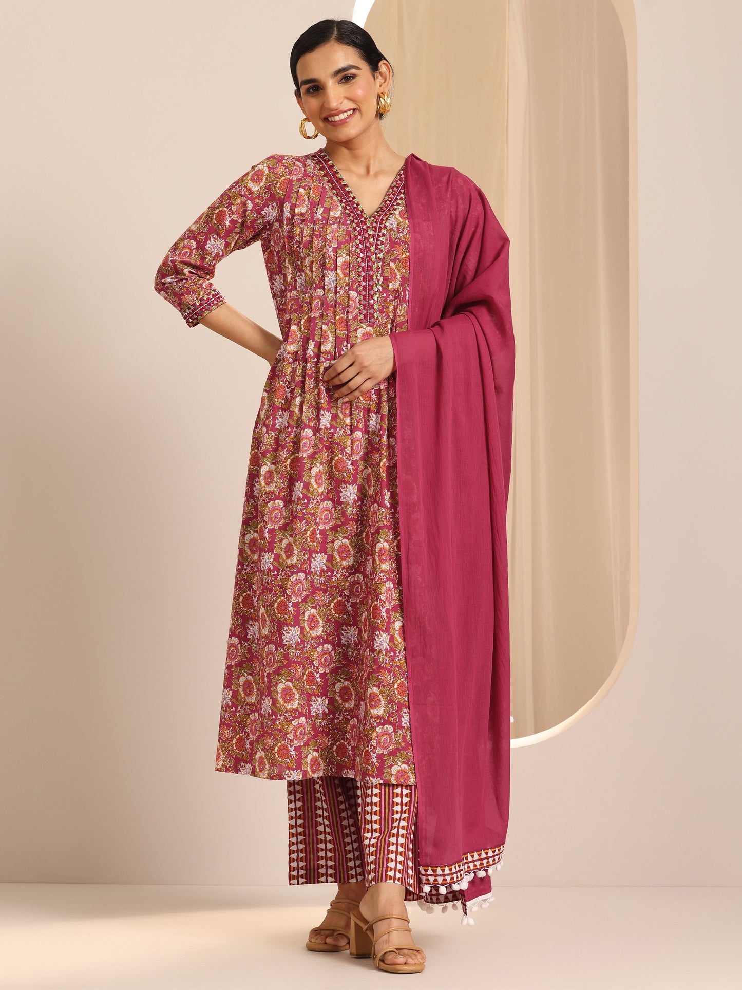 Red Printed Cotton A-Line Suit Set With Dupatta