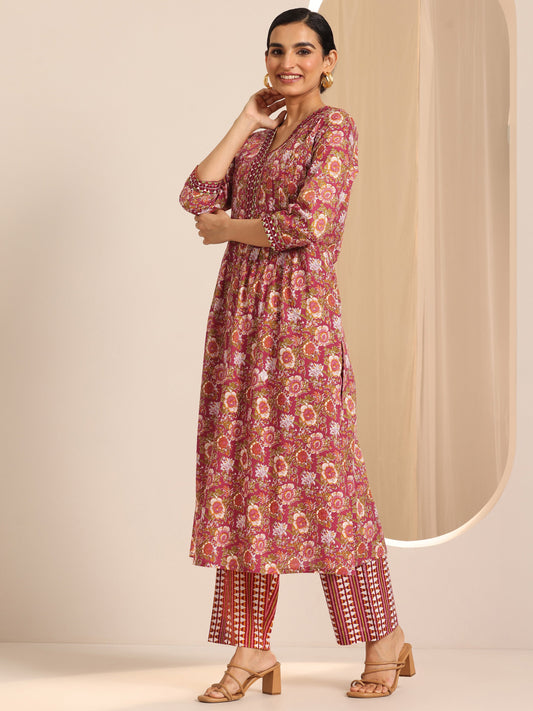 Red Printed Cotton A-Line Suit Set With Dupatta