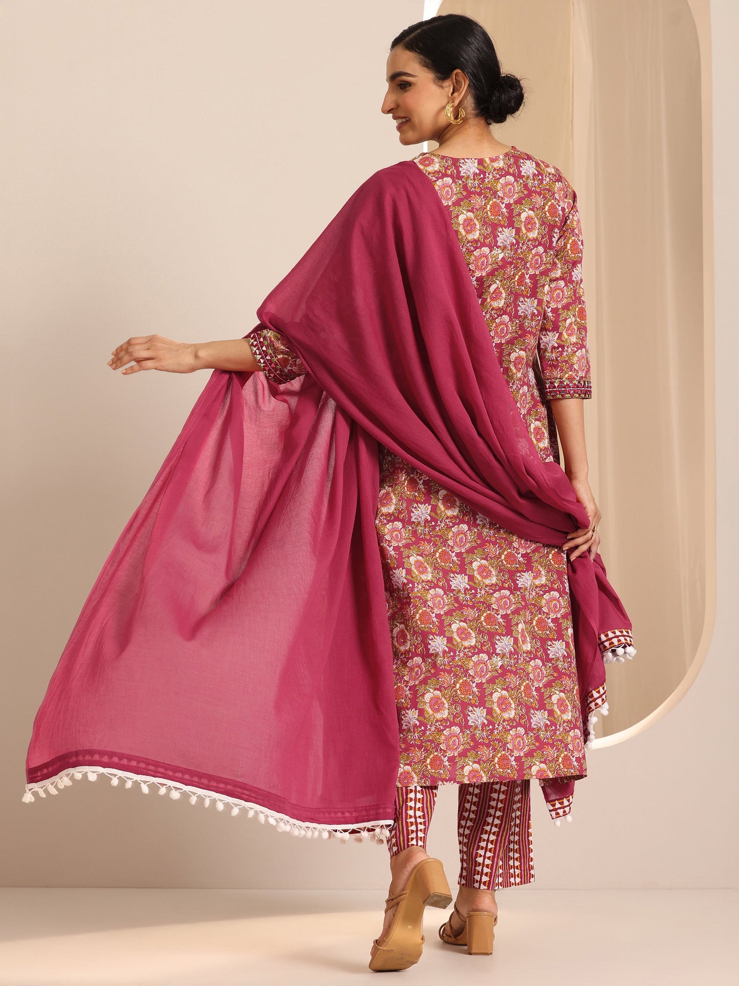 Red Printed Cotton A-Line Suit Set With Dupatta