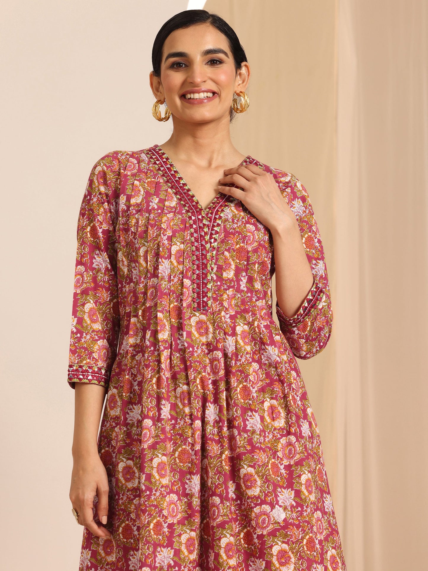 Red Printed Cotton A-Line Suit Set With Dupatta