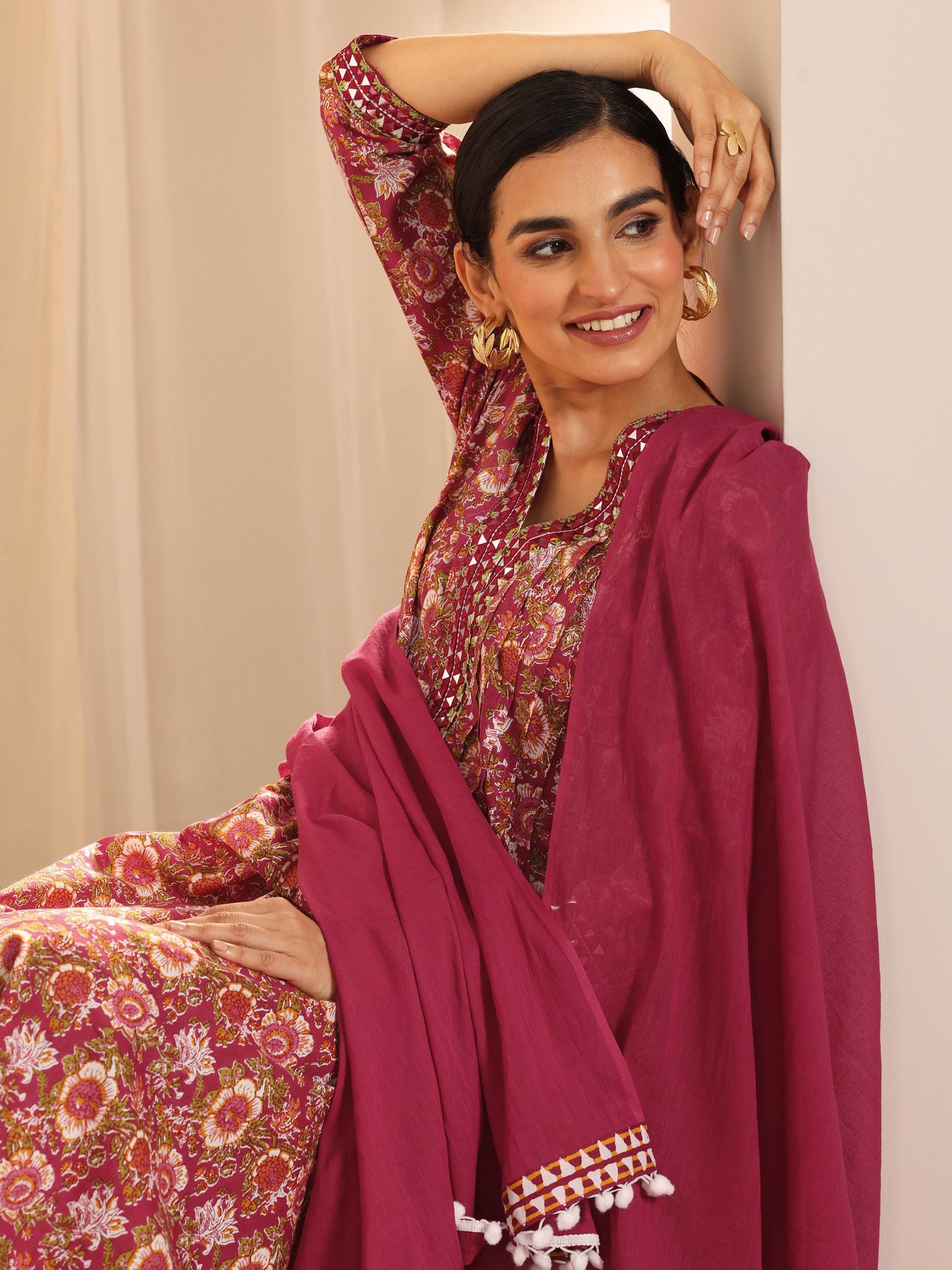 Red Printed Cotton A-Line Suit Set With Dupatta