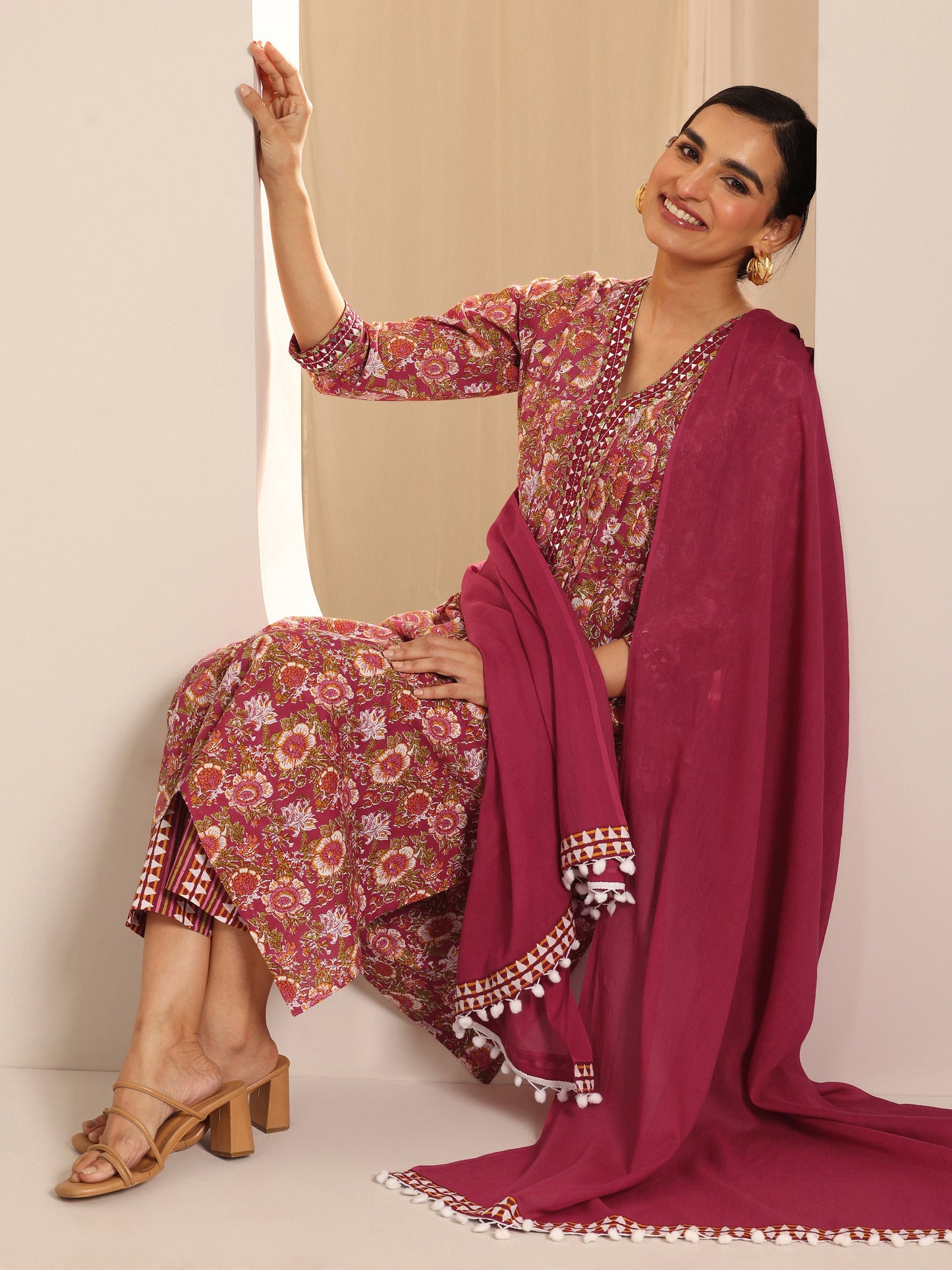 Red Printed Cotton A-Line Suit Set With Dupatta