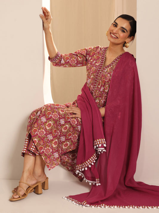 Red Printed Cotton A-Line Suit Set With Dupatta
