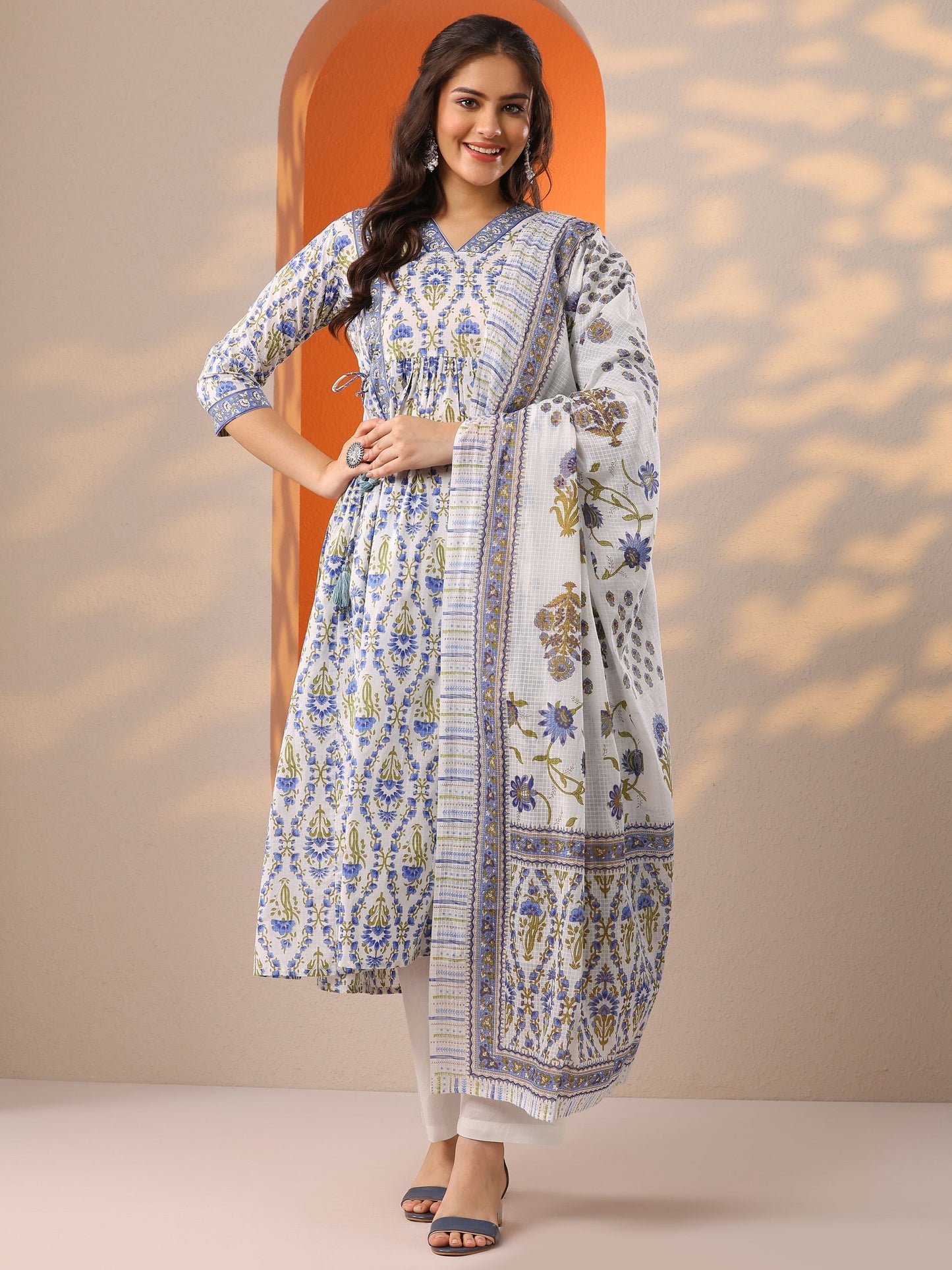 White Printed Cotton Anarkali Suit Set With Dupatta