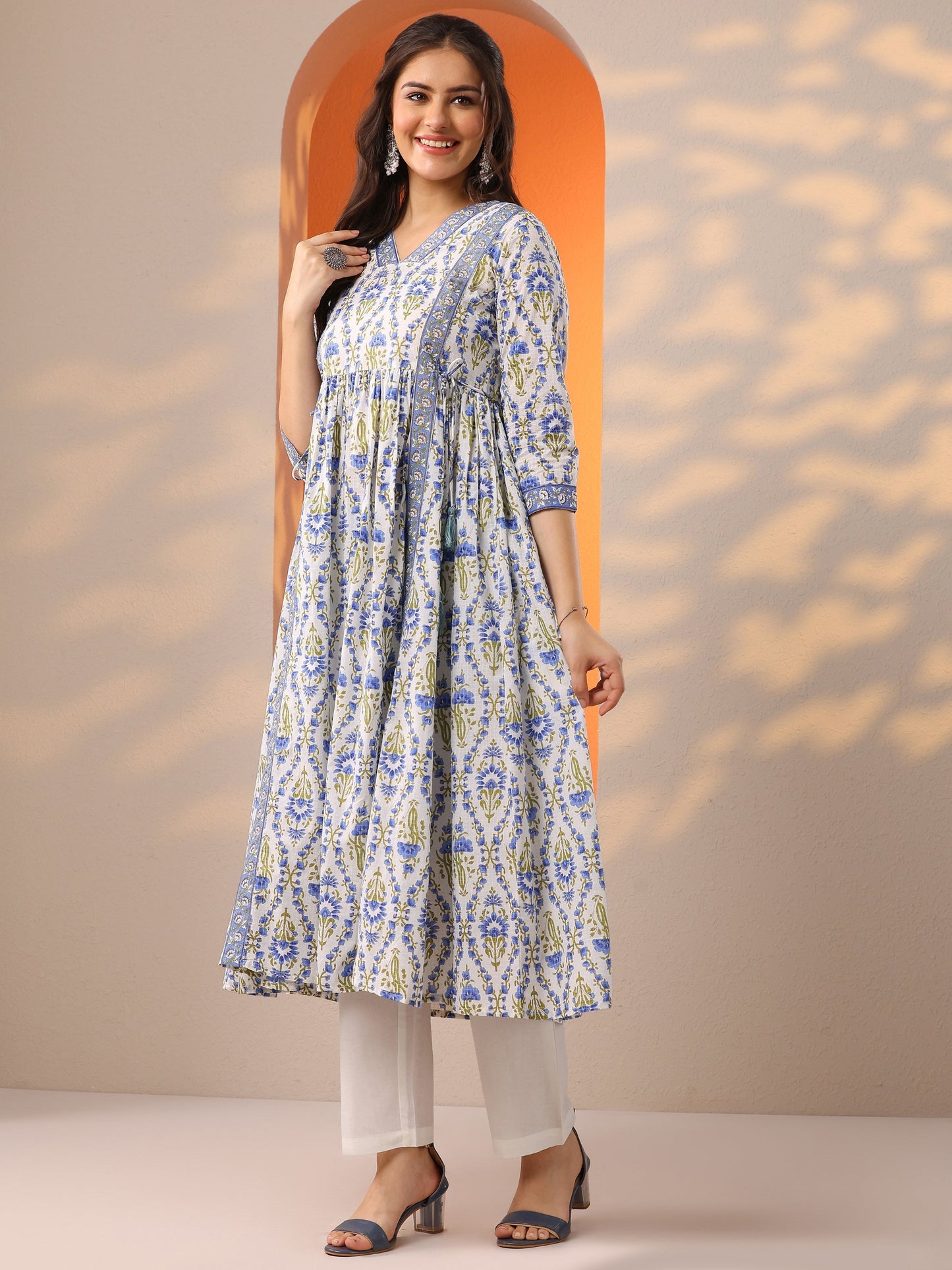 White Printed Cotton Anarkali Suit Set With Dupatta