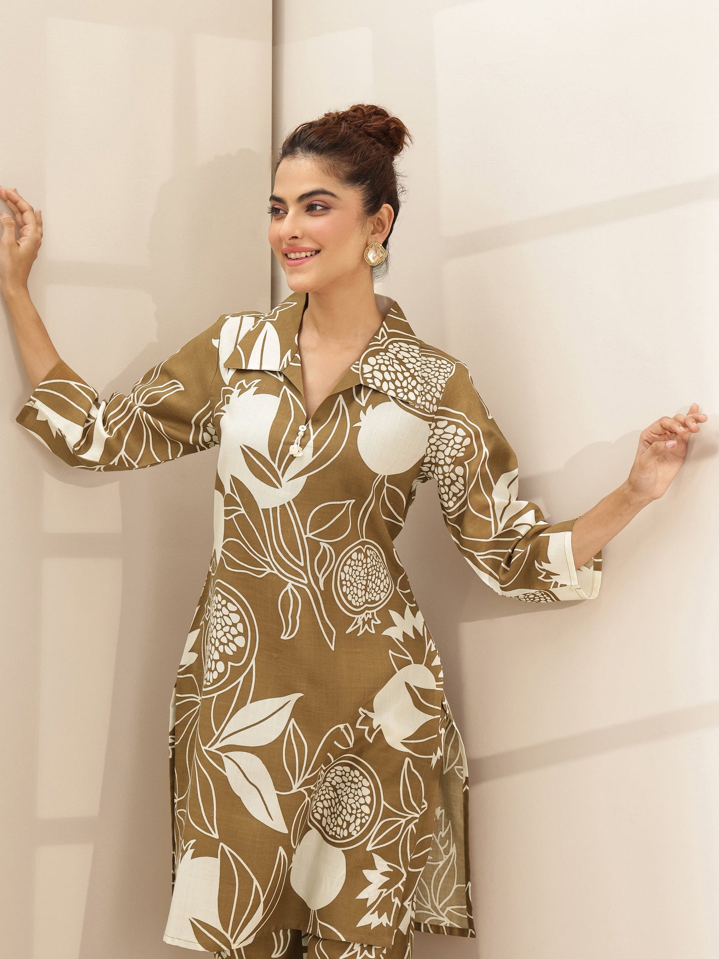 Brown Printed Cotton Blend Co-Ord Sets