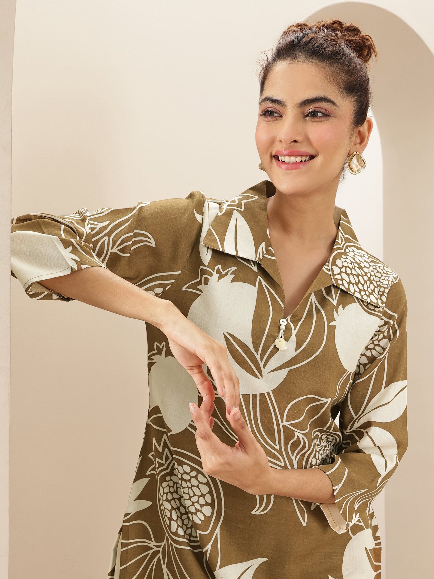 Brown Printed Cotton Blend Co-Ord Sets