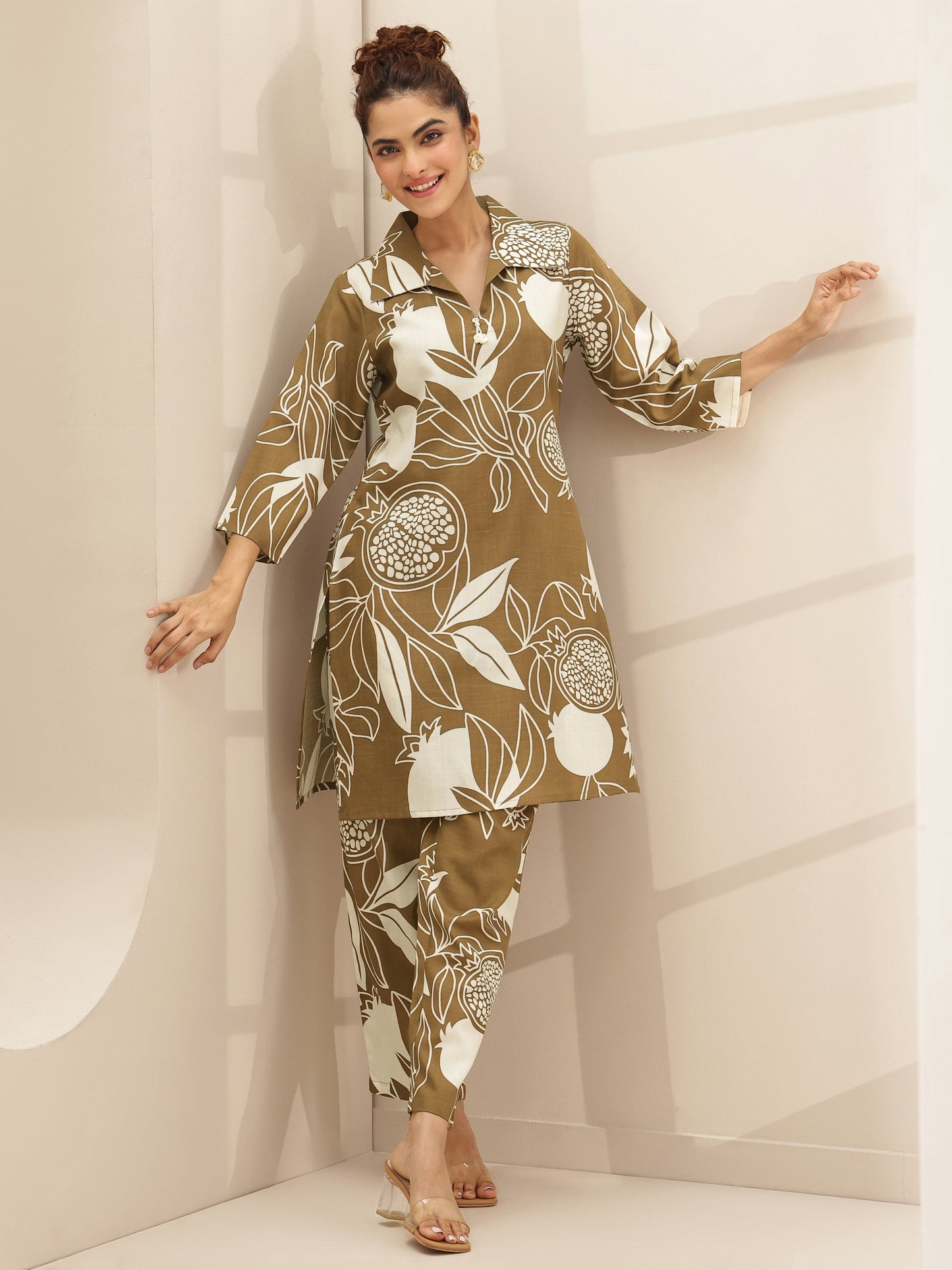 Brown Printed Cotton Blend Co-Ord Sets