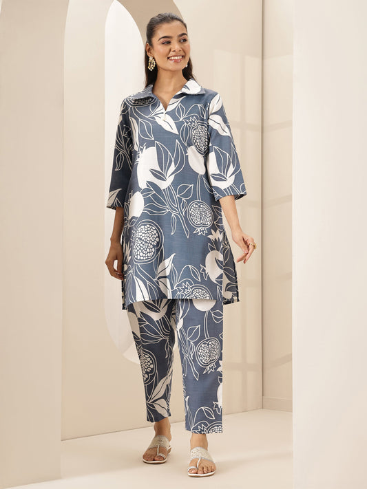 Grey Printed Cotton Blend Co-Ord Sets