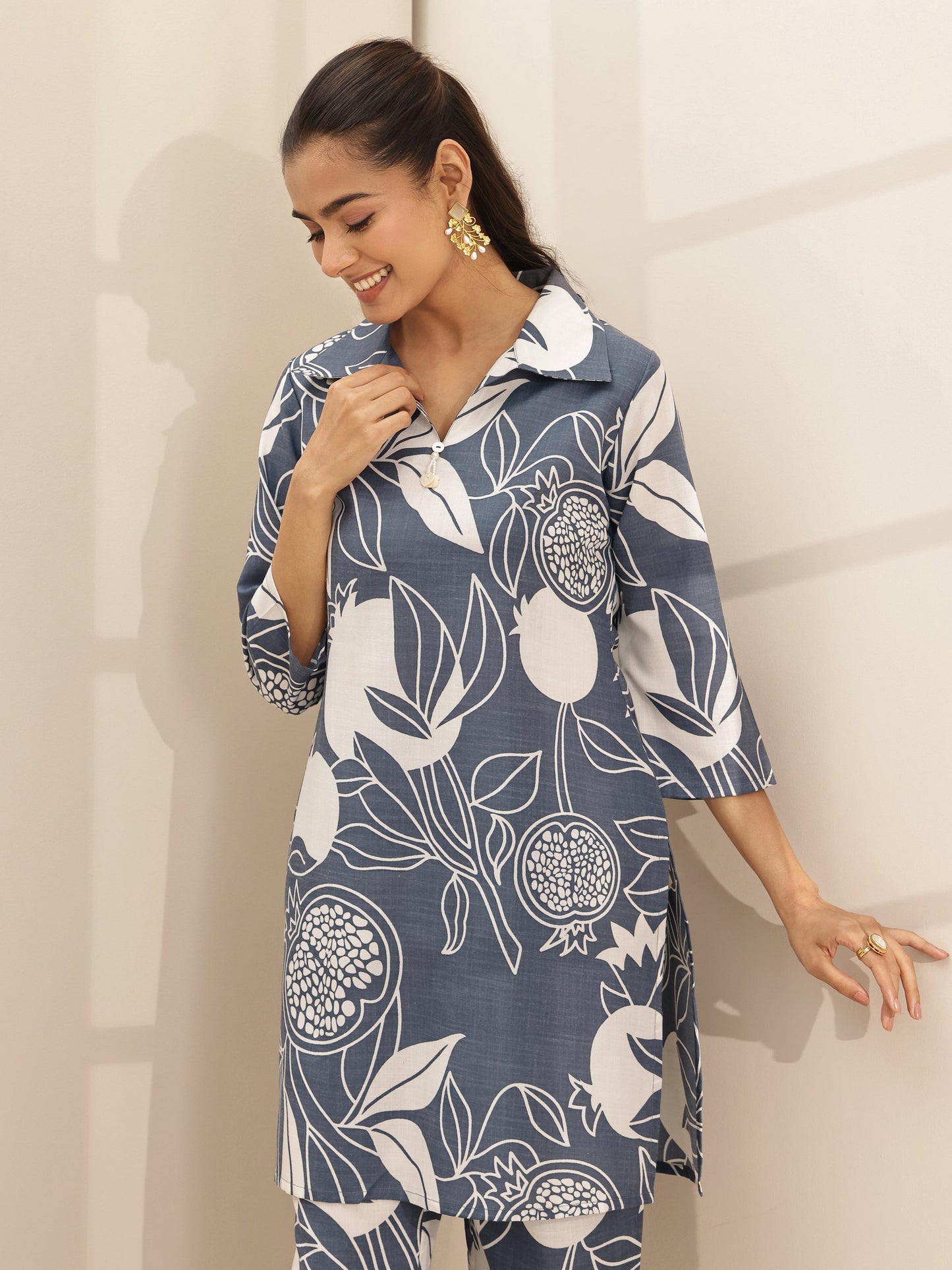 Grey Printed Cotton Blend Co-Ord Sets