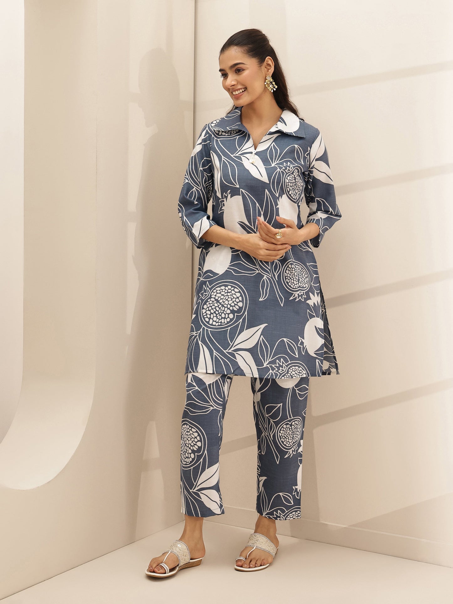 Grey Printed Cotton Blend Co-Ord Sets