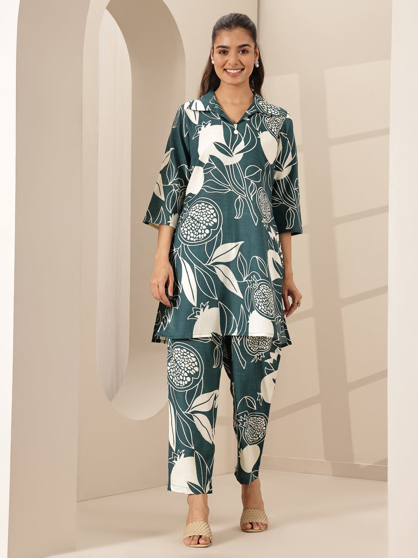 Teal Blue Printed Cotton Blend Co-Ord Sets