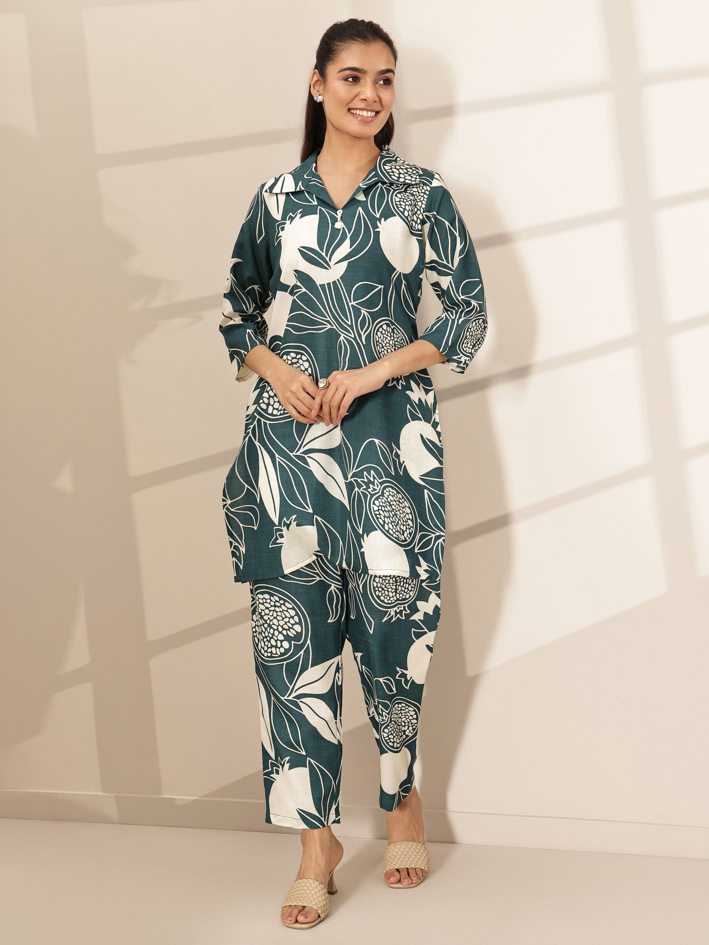 Teal Blue Printed Cotton Blend Co-Ord Sets