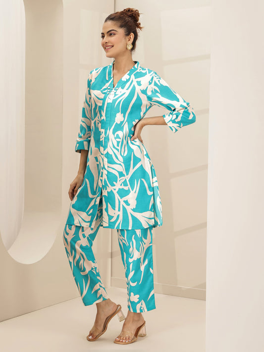 Turquoise Blue Printed Cotton Blend Co-Ord Sets