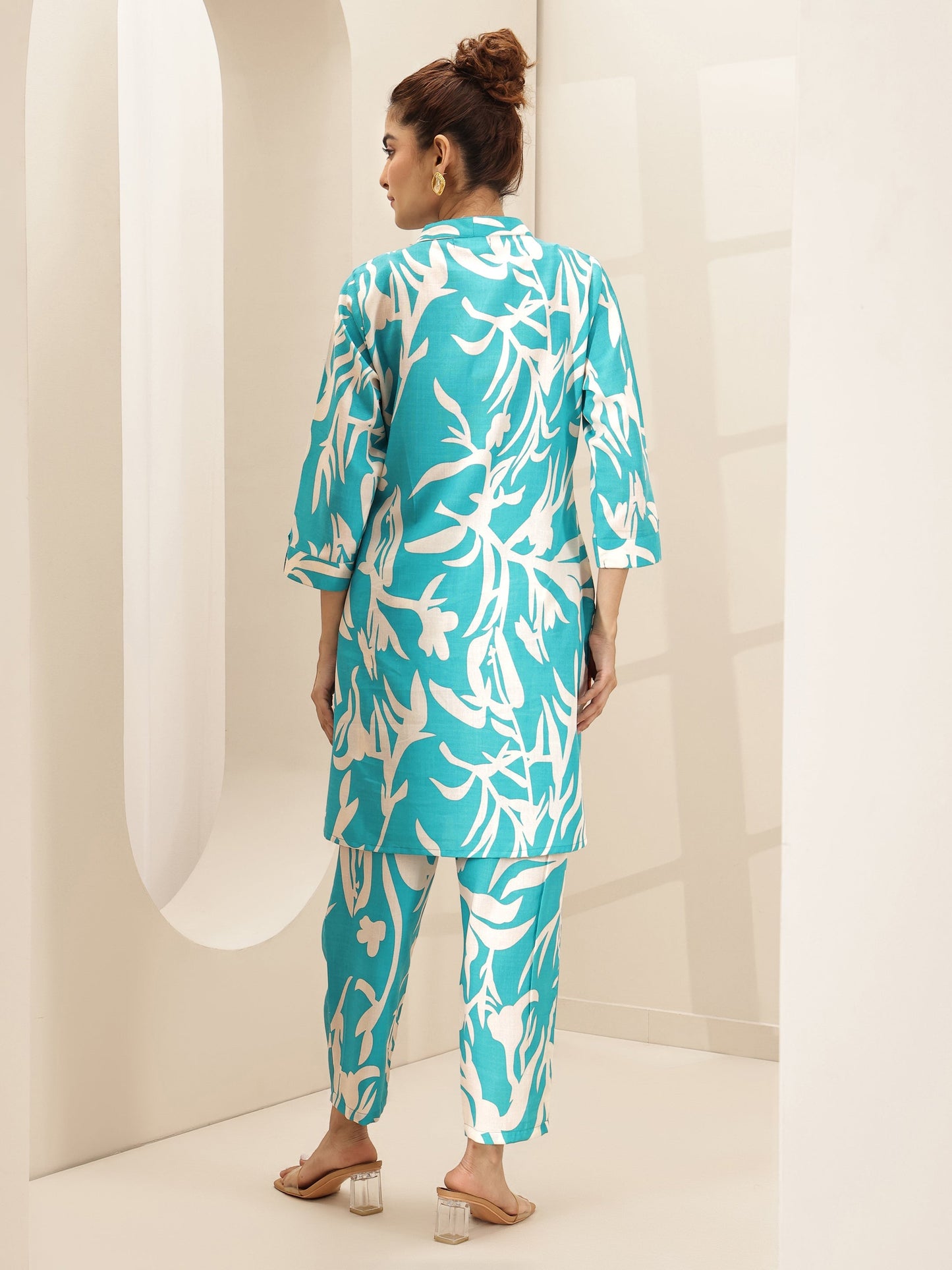 Turquoise Blue Printed Cotton Blend Co-Ord Sets