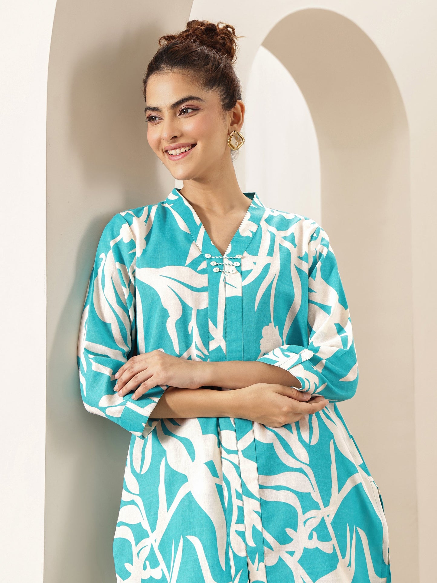 Turquoise Blue Printed Cotton Blend Co-Ord Sets