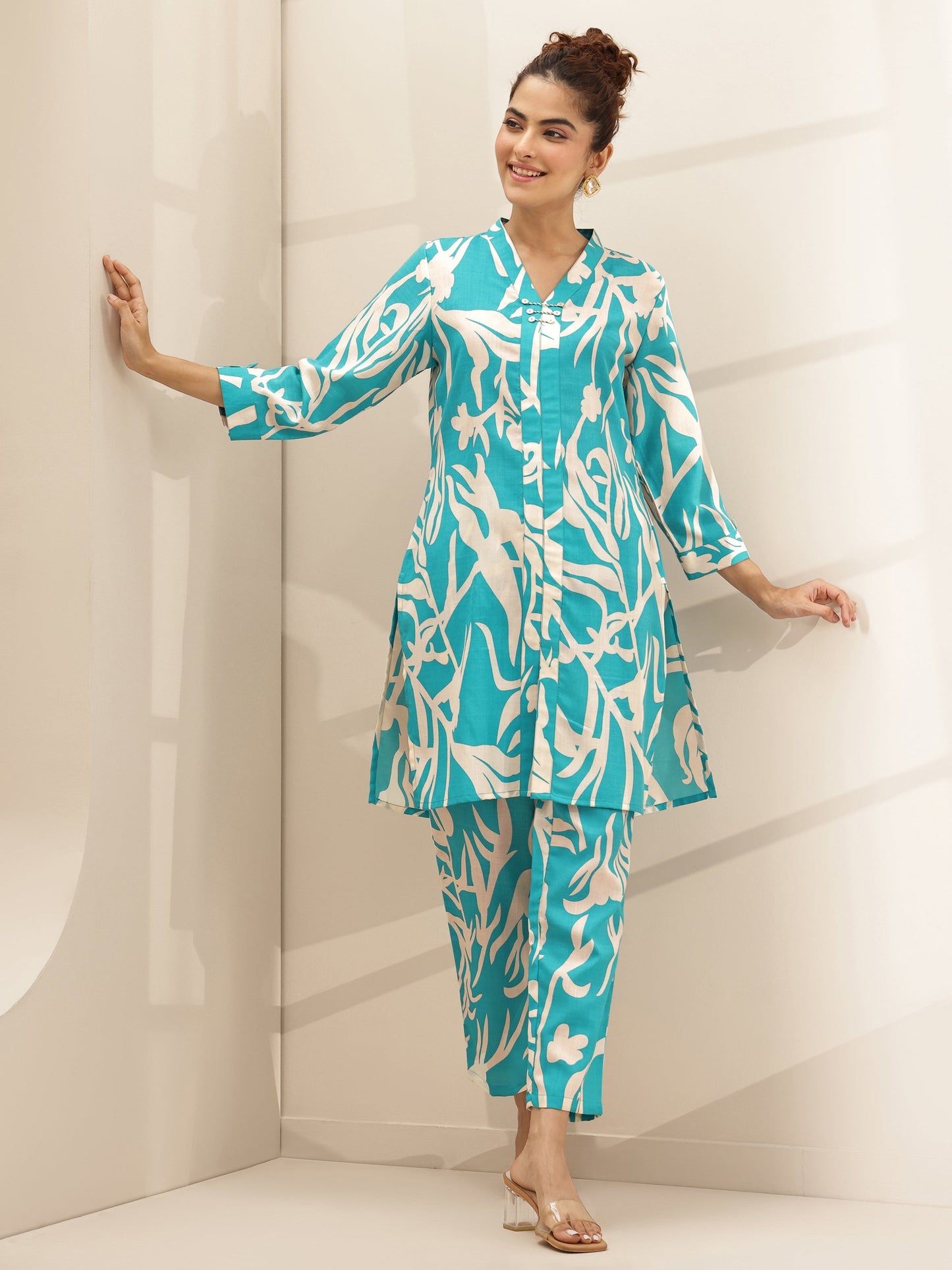 Turquoise Blue Printed Cotton Blend Co-Ord Sets