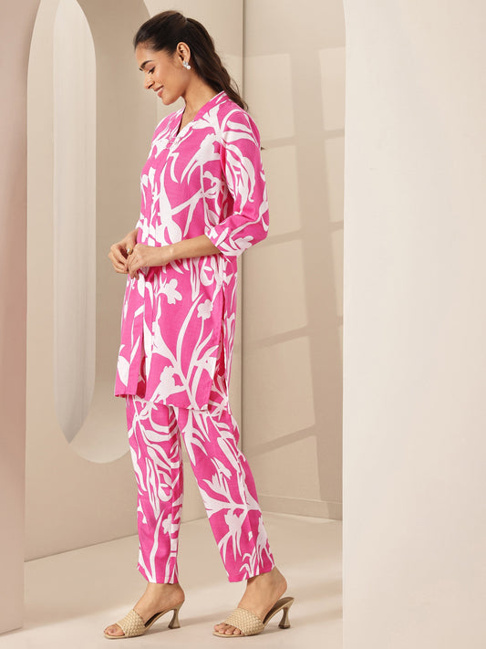 Pink Printed Cotton Blend Co-Ord Sets
