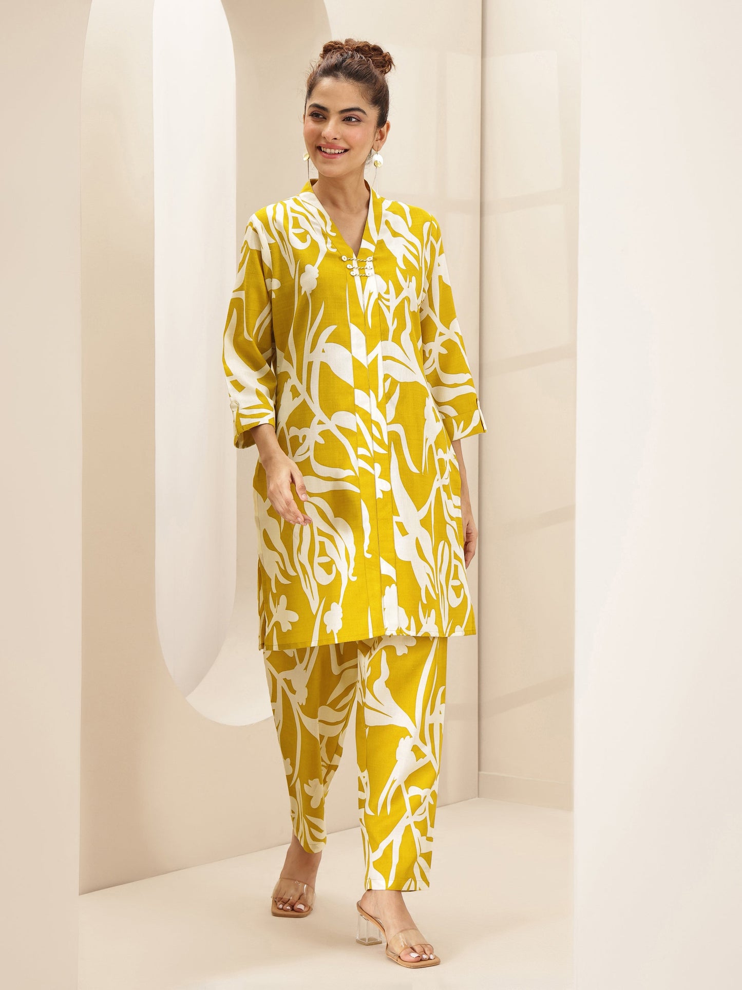 Mustard Printed Cotton Blend Co-Ord Sets