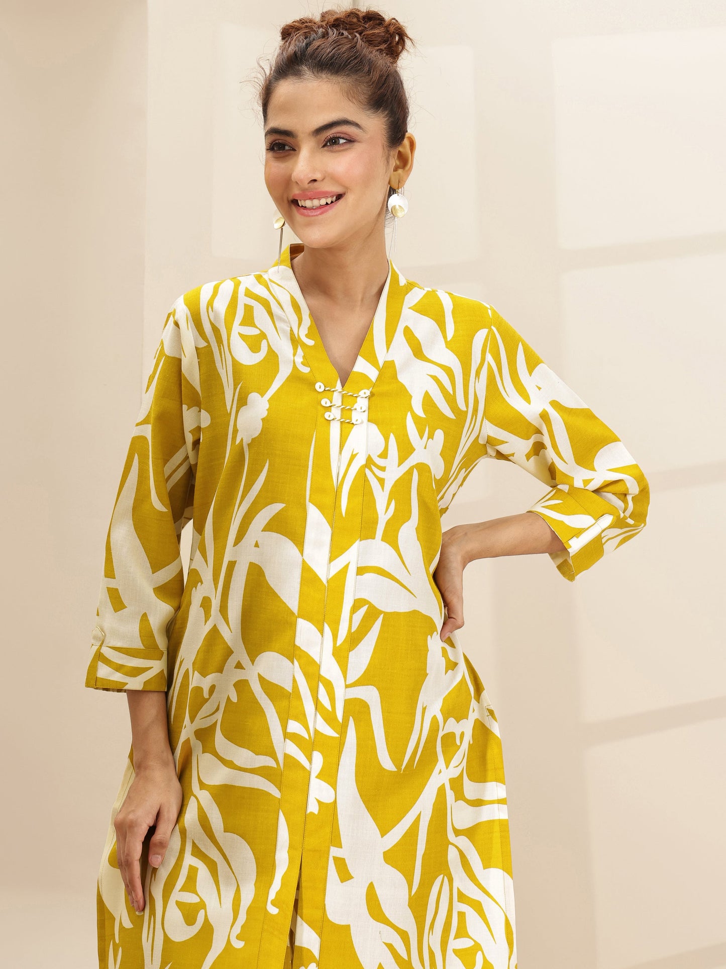 Mustard Printed Cotton Blend Co-Ord Sets