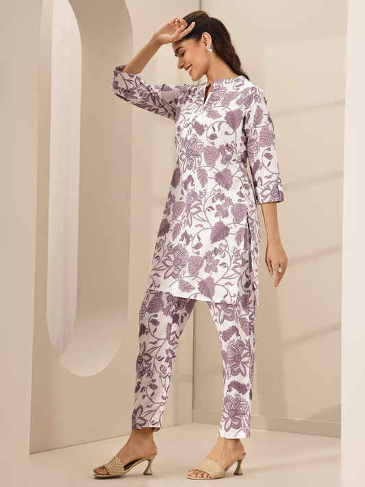 Off White Printed Cotton Blend Co-Ord Sets