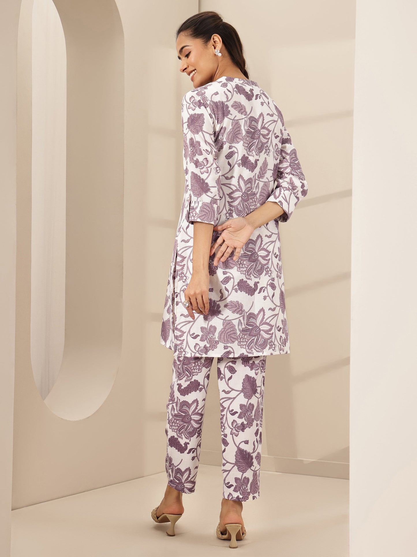 Off White Printed Cotton Blend Co-Ord Sets