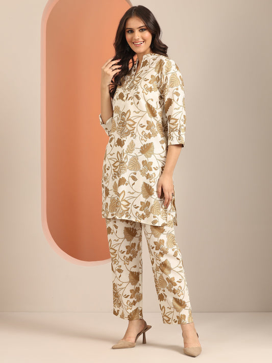 Off White Printed Cotton Blend Co-Ord Sets